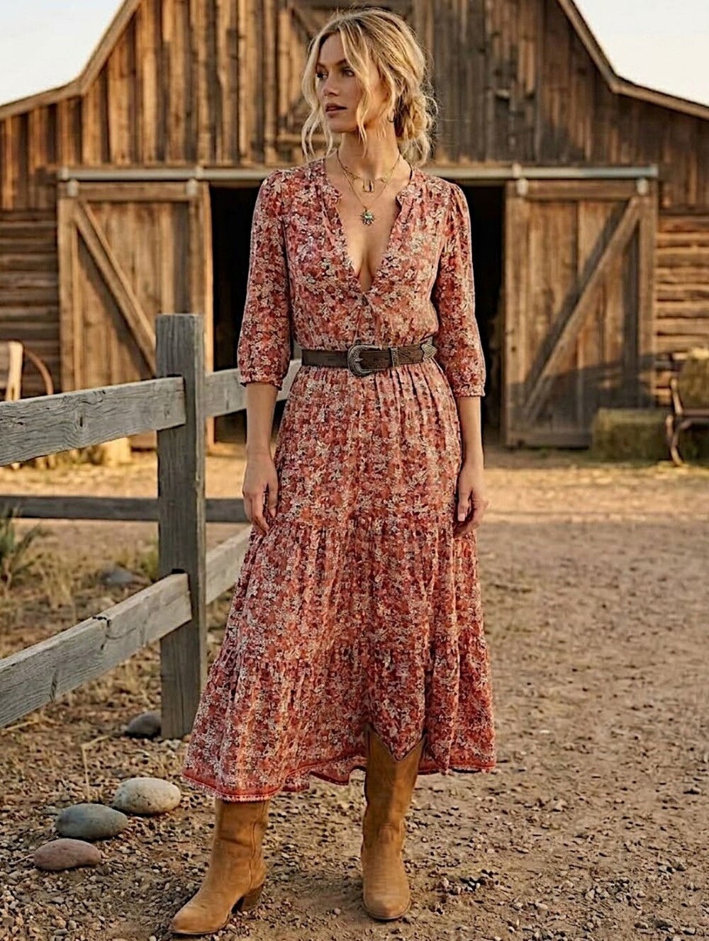 MAX STUDIO Pleated Western Boho Country Maxi Dress